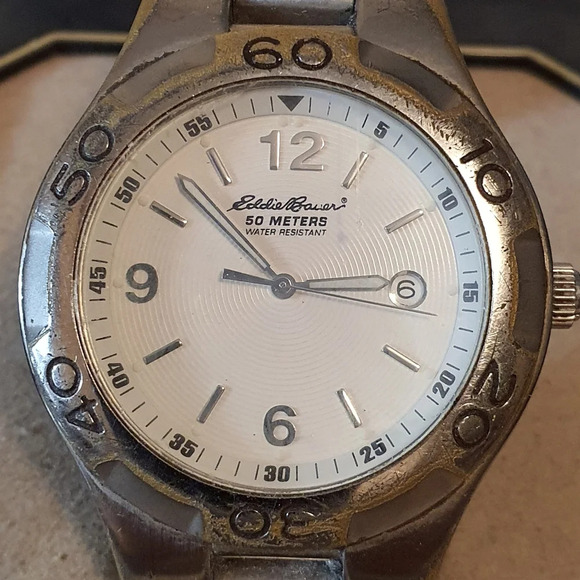 2 for $20😉Eddie Bauer#0485 Silver/White Stainless Steel Men's Watch w/Date - Picture 1 of 3